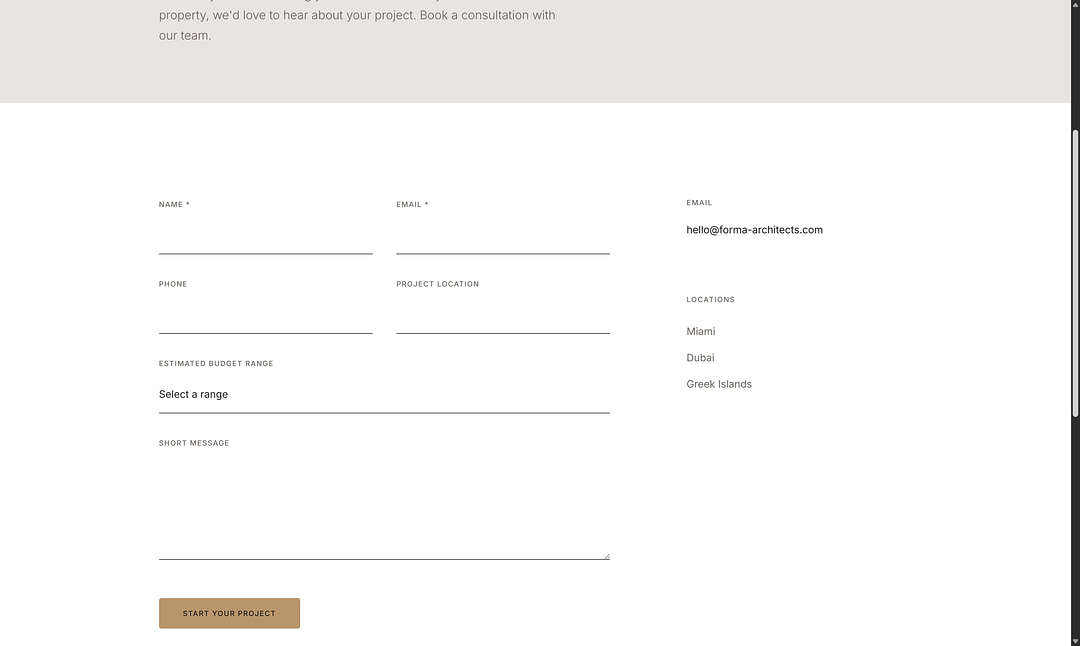 FORMA Architects contact page desktop view