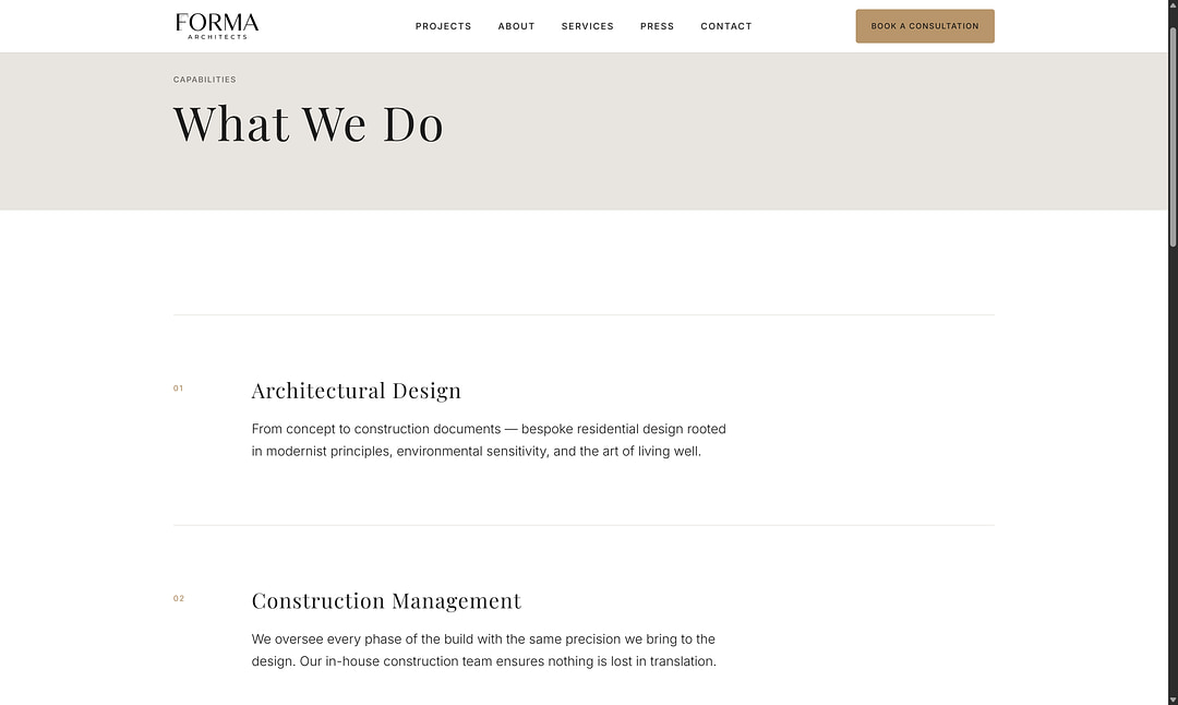 FORMA Architects services page desktop view